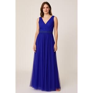 VM Collection Royal Blue Tulle Evening Gown Size 10 | Beaded Waist Formal Dress